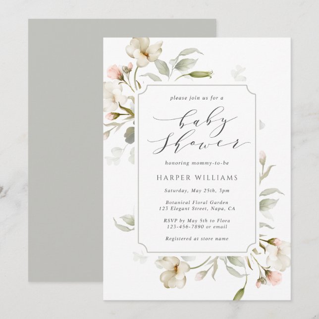 Gender Neutral White Sage Grey Floral Baby Shower Invitation (Front/Back)