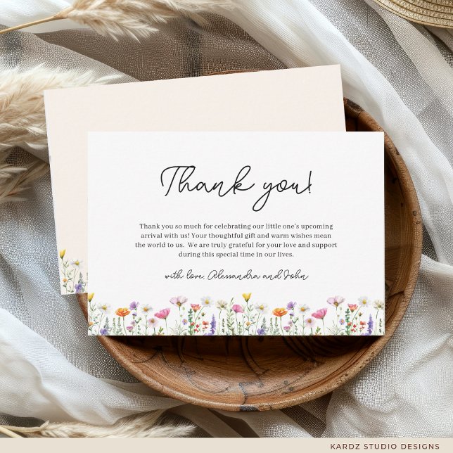 Gender-Neutral Wildflower Boho Baby Shower Card (Thank-you card shown in 3.5 x 5 inches. Personalize and choose size, paper, and corner style.)