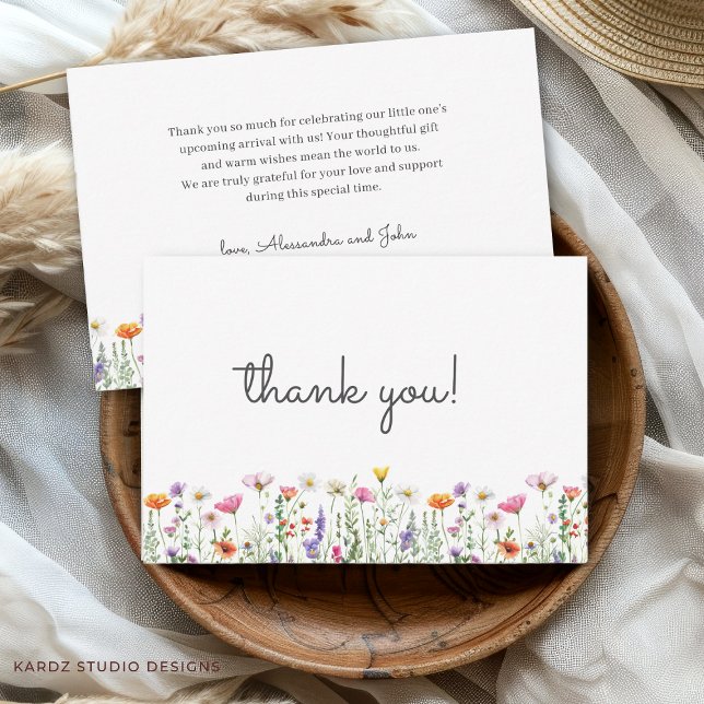 Gender Neutral Wildflower Shower Thank You Card (Front and back shown in 3.5 x 5 inches. Add your text and names, choose paper, size + corner style.)