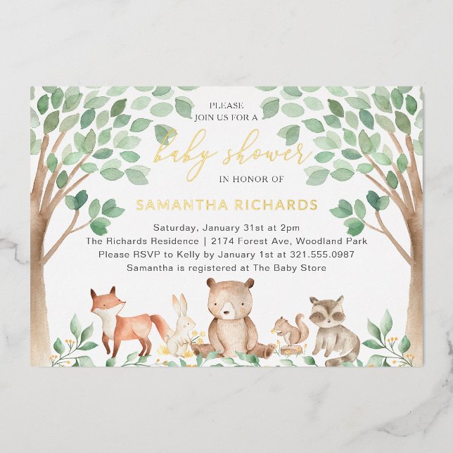 Gender Neutral Woodland Animals Baby Shower Gold (Front)