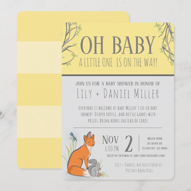 Gender Neutral woodland animals baby shower stripe Invitation (Front/Back)
