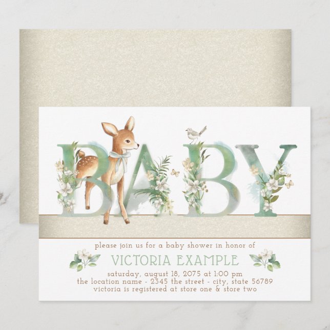 Gender Neutral Woodland Deer Baby Shower Invitation (Front/Back)