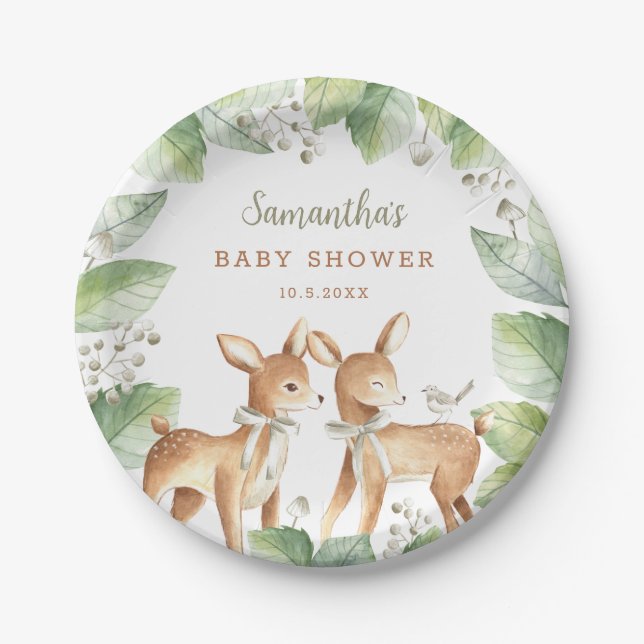 Gender Neutral Woodland Deer Twins Baby Shower Pap Paper Plate (Front)