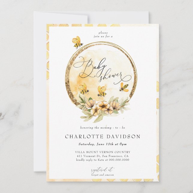 Gender Neutral Yellow Bumble Bee Gold Baby Shower Invitation (Front)