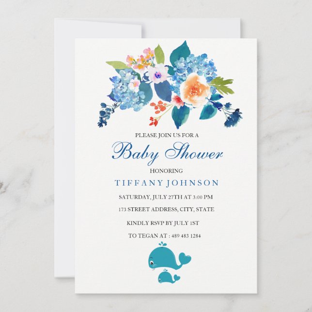 Gender-Nuetral Floral Whale Baby shower invitation (Front)