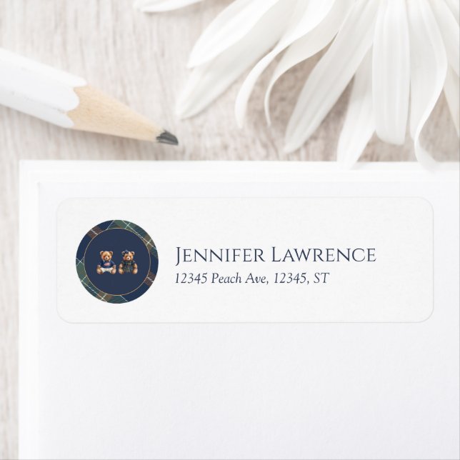 Gender Reveal Address Label Navy Plaid Teddy Bear (Insitu)