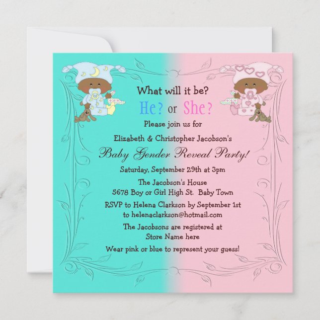 Gender Reveal African American Babies Pink & Blue Invitation (Front)