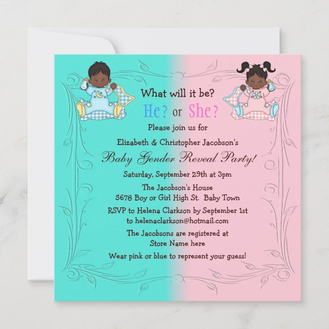 Gender Reveal African American Babies Pink & Blue Invitation (Front)