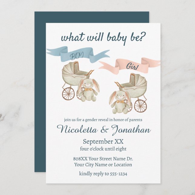 Gender Reveal Baby Bunny Pink or Blue Invitation (Front/Back)