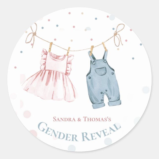 Gender Reveal Baby Clothes Party Invitation Classic Round Sticker (Front)