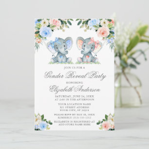 Gender Reveal Baby Elephants Bows Pink Blue Floral Invitation