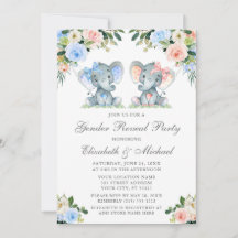 Gender Reveal Baby Elephants Pink Blue Floral