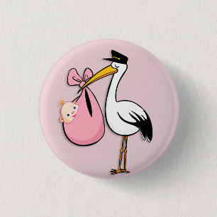 Gender Reveal Baby Girl White Stork Pink Cloth 3 Cm Round Badge