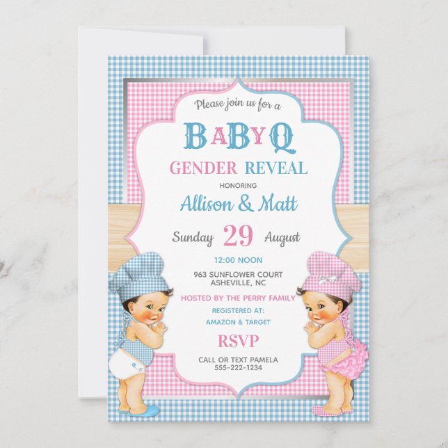Gender Reveal Baby Q BBQ Pink Blue Gingham Invitation (Front)