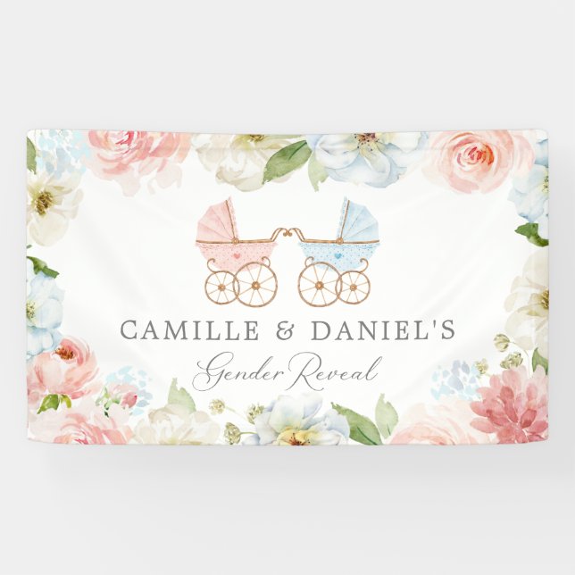Gender Reveal Baby Shower Blue and Pink Floral Banner (Horizontal)