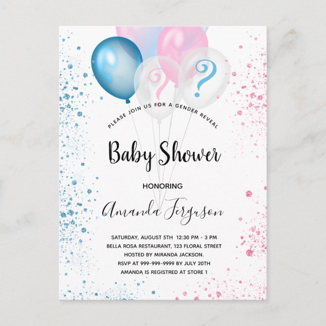 Gender reveal baby shower blue pink boy girl invit invitation postcard (Front)