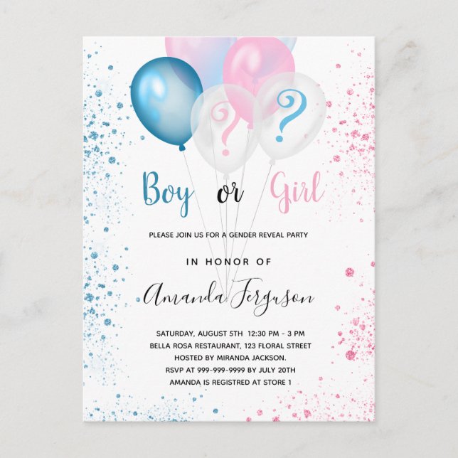 Gender reveal baby shower blue pink boy girl  invitation postcard (Front)