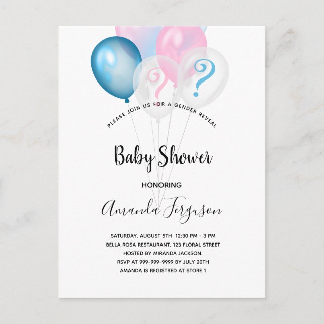 Gender reveal baby shower blue pink boy girl invitation postcard (Front)