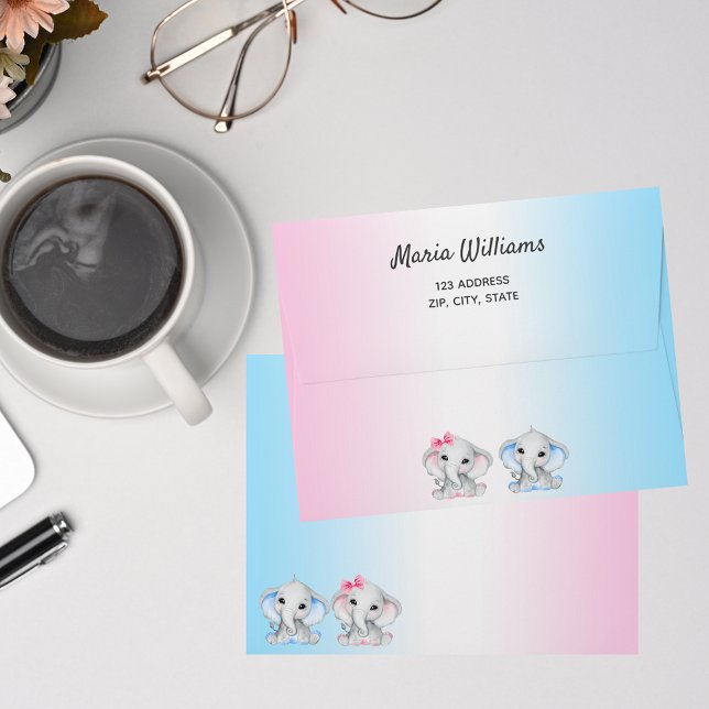 Gender reveal baby shower blue pink elephants envelope (Creator Uploaded)