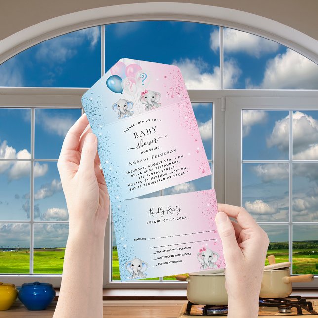 Gender reveal baby shower blue pink elephants RSVP All In One Invitation (Creator Uploaded)