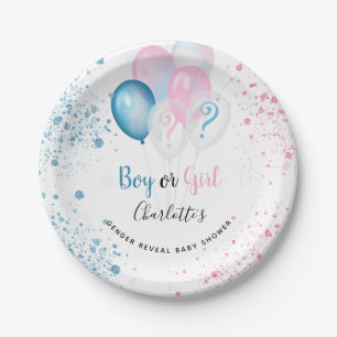 Gender reveal baby shower blue pink glitter paper plate