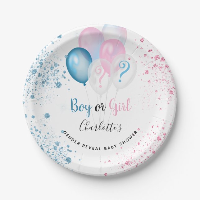 Gender reveal baby shower blue pink glitter paper plate (Front)