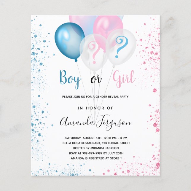 Gender reveal baby shower boy girl budget flyer (Front)
