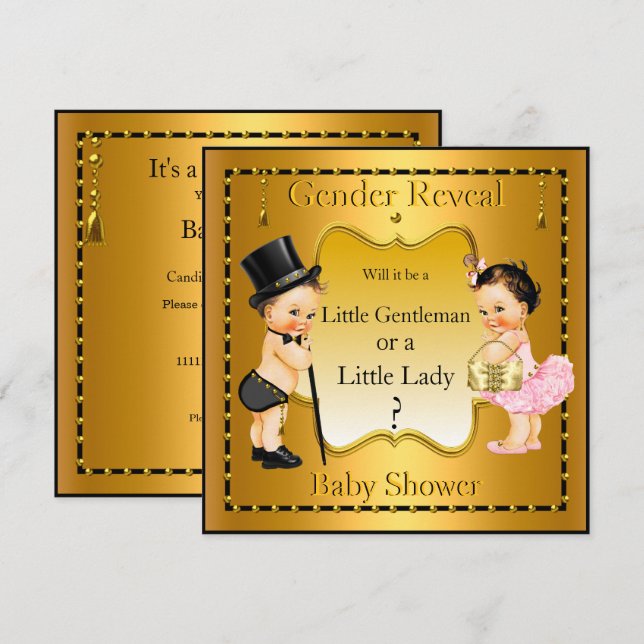 Gender Reveal Baby Shower Boy Girl Gold Brunette Invitation (Front/Back)