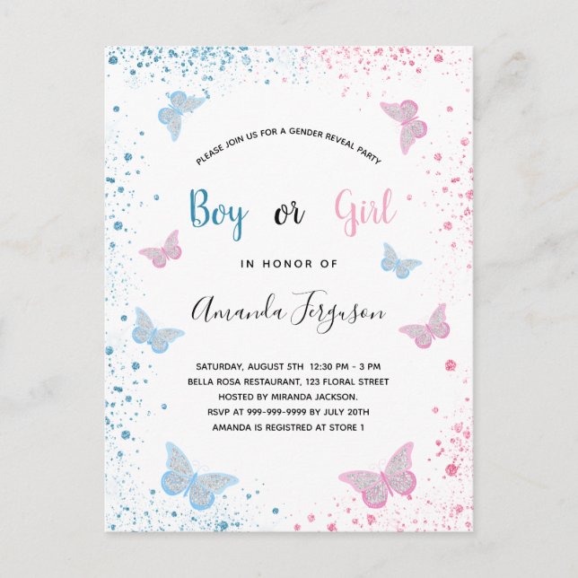 Gender reveal baby shower butterflies blue pink invitation postcard (Front)