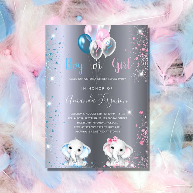 Gender reveal baby shower elephant silver glitter invitation postcard (Creator Uploaded)