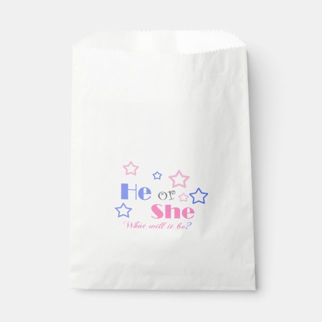 Gender reveal baby shower he or she baby shower favour bags (Front)