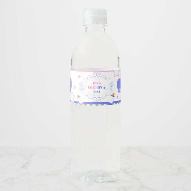 Gender reveal baby shower he or she baby shower water bottle label (Front)