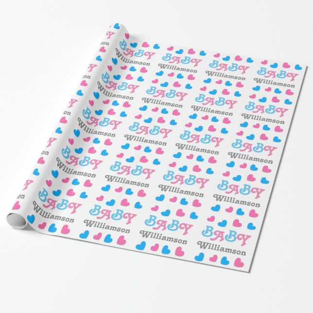 Gender Reveal Baby Shower Hearts Collection A09 Wrapping Paper (Unrolled)