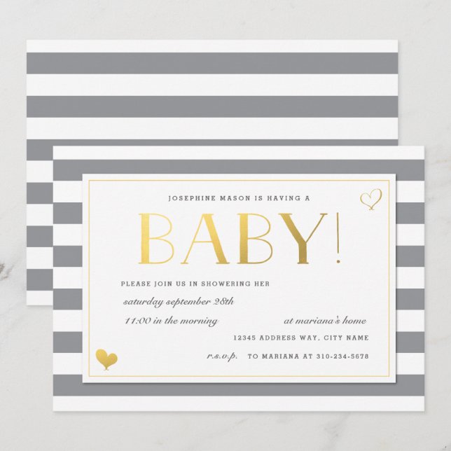 Gender Reveal Baby Shower in Grey & Faux Gold Invitation (Front/Back)