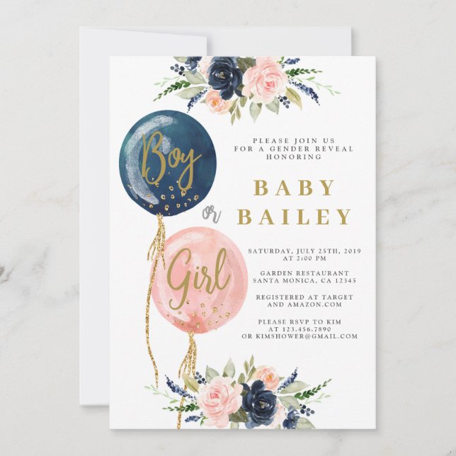 Gender reveal baby shower invitation, balloon baby invitation (Front)