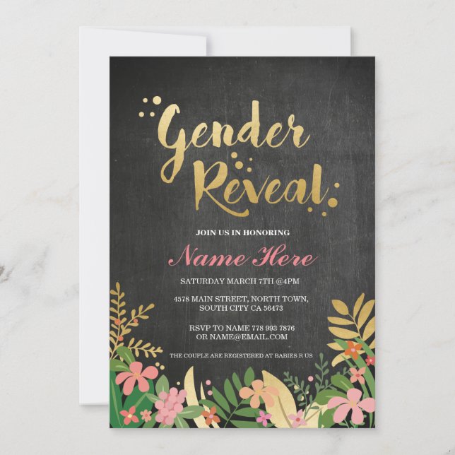 Gender Reveal Baby Shower Invite Gold Floral Black (Front)
