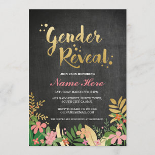 Gender Reveal Baby Shower Invite Gold Floral Black