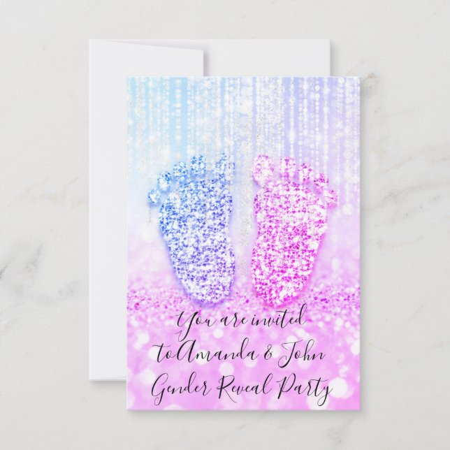 Gender Reveal Baby Shower Pink Blue Glitter Feet Invitation (Front)
