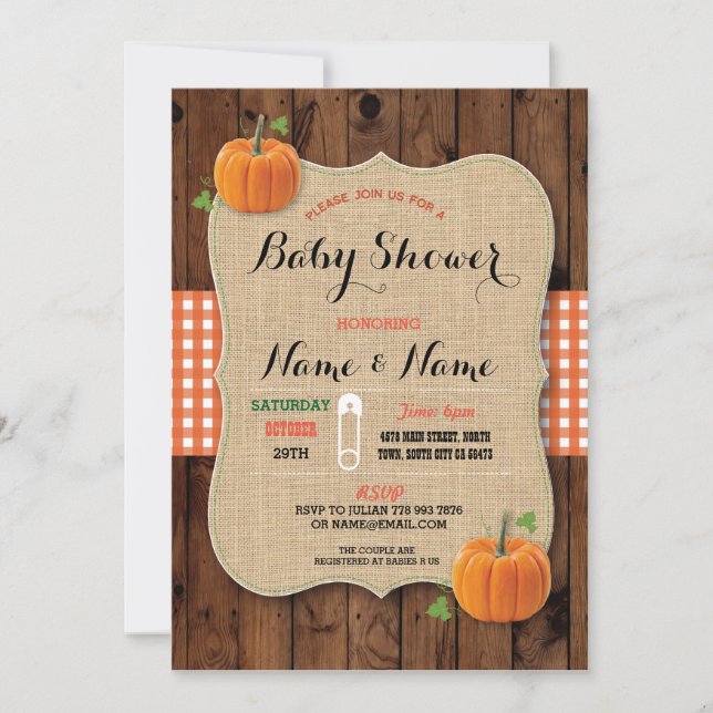 Gender Reveal Baby Shower Red Check Pumpkin Invite (Front)