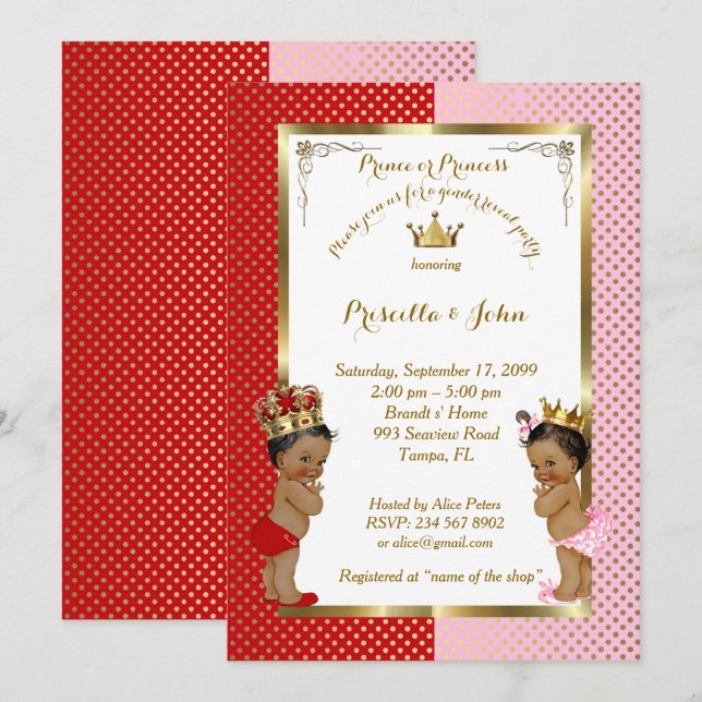 Gender Reveal Baby Shower, red, pink, gold Invitation (Front/Back)
