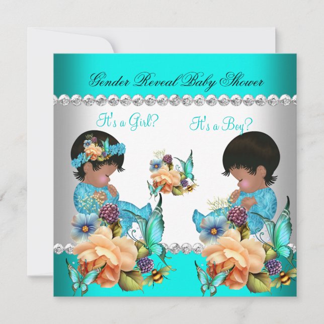 Gender Reveal Baby Shower Teal Blue Flowers Invitation (Front)