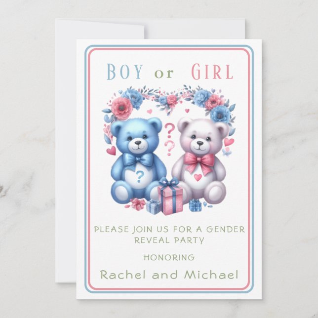 Gender reveal baby shower Teddy Bear blue pink 4 - Invitation (Front)
