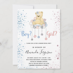Gender reveal baby shower teddy bear blue pink invitation