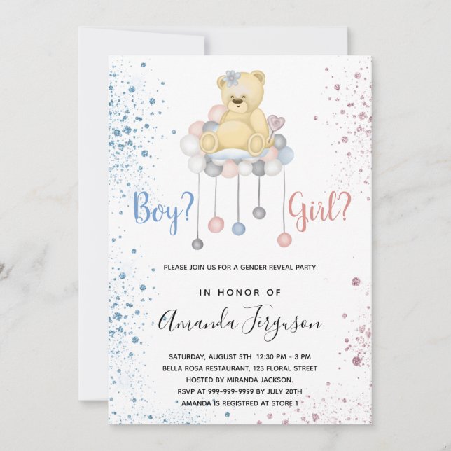 Gender reveal baby shower teddy bear blue pink invitation (Front)