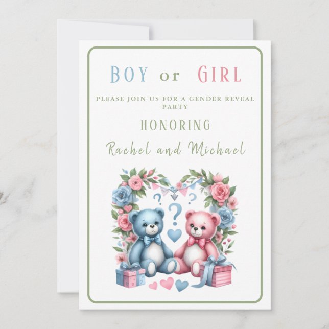 Gender reveal baby shower Teddy Bear blue pink  Invitation (Front)