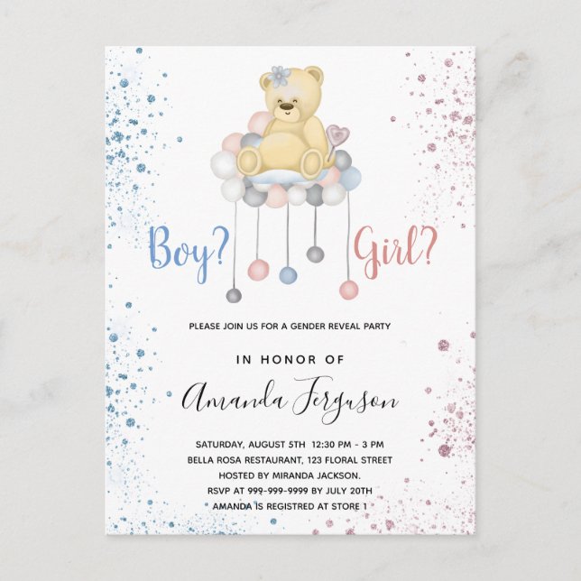 Gender reveal baby shower teddy bear blue pink invitation postcard (Front)