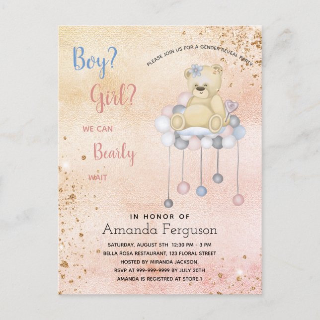 Gender reveal baby shower teddy bear boy girl invitation postcard (Front)