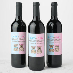 Gender Reveal Baby Shower Teddy Bears Wine Label