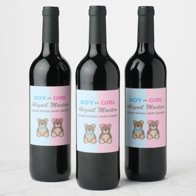 Gender Reveal Baby Shower Teddy Bears Wine Label (Bottles)