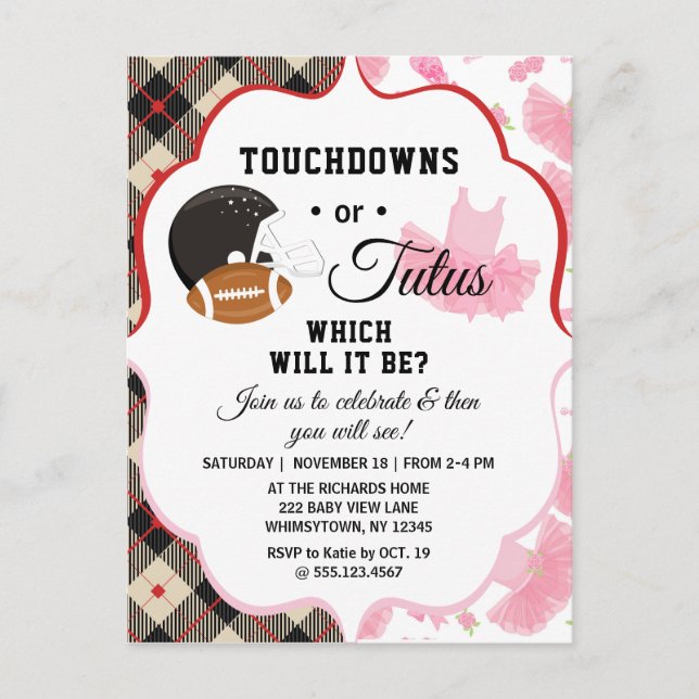 Gender Reveal Baby Shower Touchdowns or Tutus Invitation Postcard (Front)